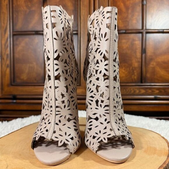 NWOT Beast Fashion Sand Faux Leather Floral Laser Cut Open Toe Back Zip Bootie - Picture 2 of 14